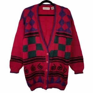 Vintage Mohair 80s Magenta Pink Multicolor Cardigan Checkered Swirl Appliqués